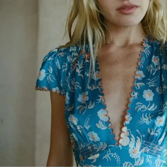 Doen Dianne Silk V Neck Puff Short Sleeve Mini Dress Blue Azure Hollyhock Hills - Picture 5 of 16